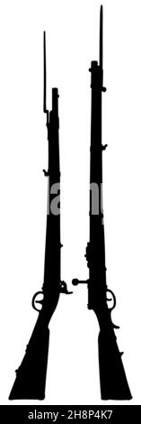 Hand drawing of two black silhouettes of vintage military rifles Stockfoto