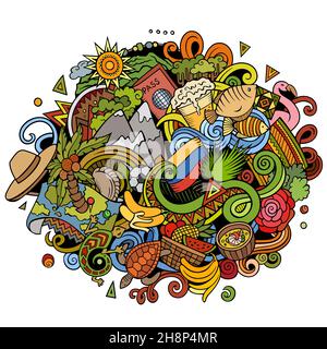 Ecuador handgezeichnete Cartoon-Kritzeleien Illustration. Witziges Reisedesign. Kreative Kunst Vektor Hintergrund. Lateinamerikanische Landesteile und Objekte. Stock Vektor