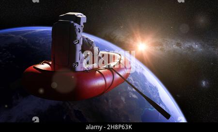 astronaut im Gummiboot in der Umlaufbahn des Planeten Erde Stockfoto