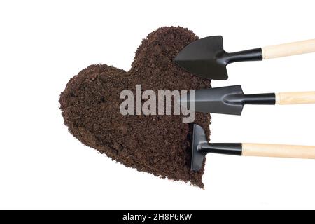 Auswahl von Gartengeräten, die in einem herzförmigen Erdhaufen auf weißem Hintergrund liegen. Konzept der Gartenbau-Obsession. Stockfoto