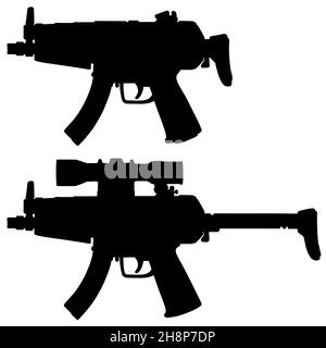 Handzeichnung von zwei schwarzen Silhouetten kleiner Maschinenpistolen Stockfoto