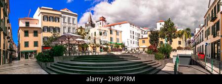 Funchal Stadt - gemütliche charmante Hauptstadt der Insel Madeira. Beliebte Touristenattraktion. Alte Straßen mit Bars und Restaurants. Portugal reisen und landmar Stockfoto