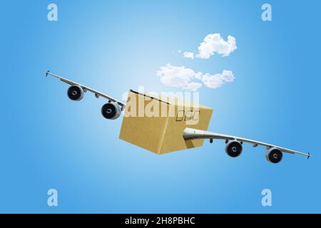 Karton mit Flugzeug Flügel Transportkonzept Stockfoto