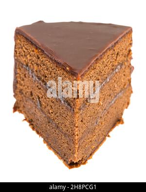 Ein Stück Sacher-Kuchen isoliert auf weißem Hintergrund Sacher-Kuchen, Schokoladenkuchen, Hintergrund, weiß, Kuchen, Schokolade, ganz, braun Stockfoto