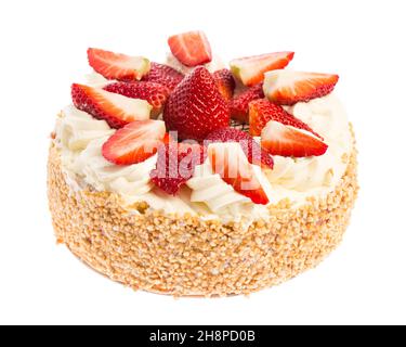 Sommer Erdbeerkuchen auf weißem Hintergrund Erdbeerkuchen, Obstkuchen, Erdbeeren, Kuchen, Topfkuchen, Obst, rot, creme, Kuchen, weiß, Obstkuchen Stockfoto