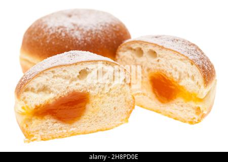 Drei Krapfen isoliert auf weißem Hintergrund Donuts, Karneval, Puderzucker, drei, weiß, Hintergrund Stockfoto