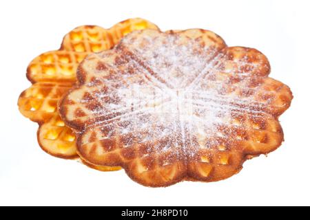 Zwei süße Waffeln mit Puderzucker-Teig, über einander, Zucker, Puderzucker Stockfoto