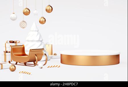 Weihnachts-Podest-Plattform mit weißen und goldenen Sachen für die Produktanzeige. Elegantes Podium für Promotion-Weihnachtsmarketing und Online-Shopping-Konzept Stockfoto