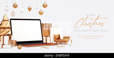 Xmas eleganter Flyer mit Laptop-leerem Bildschirm-Mockup und goldenem Material auf weißem Hintergrund in 3D-Rendering. Werbeaktion Weihnachten Marketing und online Stockfoto