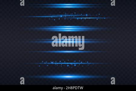 Helle Linien. Blaue horizontale Lichter eingestellt. Neon glühende Elemente mit Partikeln. Helle Laserstrahlen auf dunklem Hintergrund. Farbige Saiten. Vektor Stock Vektor