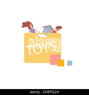 Flache Cartoon-Box mit Spielzeug, gesunde Familie und glückliche Kindheit Vektor Illustration Konzept Stock Vektor