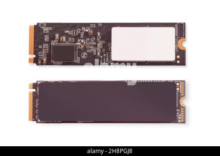 Vorder- und Rückansicht des SSD m2-Laufwerks isoliert auf Weiß mit Beschneidungspfad. Stockfoto