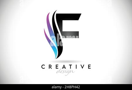 Buchstabe F Logo mit kreativen Farbverlauf Swooshes. Kreatives elegantes Buchstaben-F-Design mit farbenprächtiger blau-violetter Vektor-Ikone. Stock Vektor