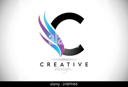 Buchstabe C Logo mit kreativen Farbverlauf Swooshes. Kreatives, elegantes Buchstaben-C-Design mit farbenprächtiger blau-violetter Vektor-Ikone. Stock Vektor