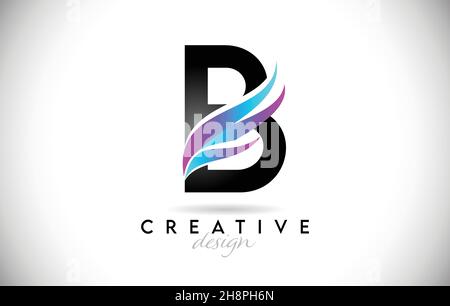 Buchstabe B Logo mit kreativen Farbverlauf Swooshes. Kreatives elegantes B-Design mit farbenprächtiger blau-violetter Vektor-Ikone. Stock Vektor