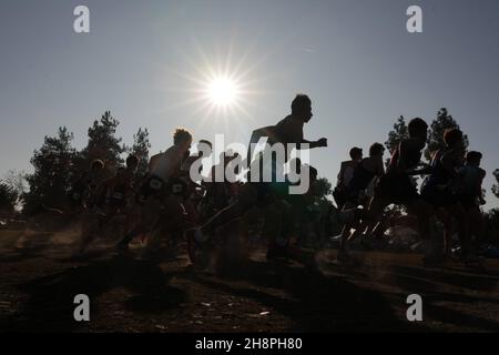 Silhouetten von Läufern im Boys Division 4 Rennen während der CIF State Cross Country Championships im Woodward Park, Samstag, 27. November 2021, in Fresno, Kalif. Stockfoto