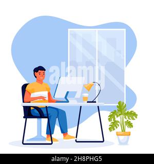 Junger freiberuflicher Mann, der am Tisch sitzt und Computer benutzt. Vektor flache Cartoon Geschäftsmann Figur Illustration. Arbeiten zu Hause, Telearbeit, Freel Stock Vektor
