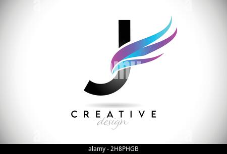 J-Logo mit kreativem Farbverlauf. Kreatives elegantes Buchstabe J-Design mit farbenprächtiger blau-violetter Vektor-Ikone. Stock Vektor