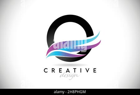 Buchstabe O Logo mit kreativen Farbverlauf Swooshes. Kreatives elegantes Buchstaben-O-Design mit farbenprächtiger blau-violetter Vektor-Ikone. Stock Vektor