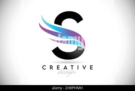 Buchstabe S Logo mit kreativen Farbverlauf Swooshes. Kreatives elegantes Letter S-Design mit farbenprächtiger blau-violetter Vektor-Ikone. Stock Vektor