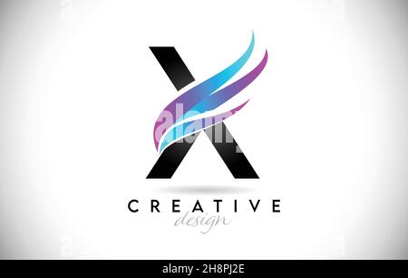Buchstabe X Logo mit kreativen Farbverlauf Swooshes. Kreatives elegantes Letter X-Design mit farbenprächtiger blau-violetter Vektor-Ikone. Stock Vektor