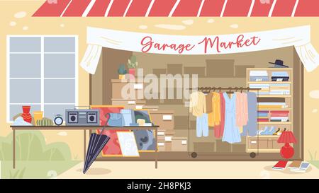 Flacher Cartoon Outdoor Garage Markt, Vektor Illustration Konzept Stock Vektor