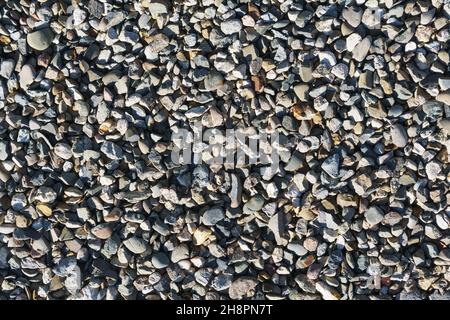 Die Textur von grobem Kies im Vollbildmodus als Hintergrund. Blick von oben Stockfoto