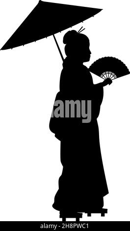 Silhouette einer Frau in nationalem asiatischem Kostüm mit Fächer und Regenschirm. Stock Vektor