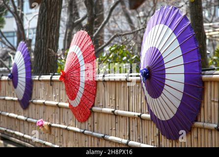 Pinke und rote japanische Regenschirme am Ueno Toshogu Shrine im Ueno Park. Tosho-gu ist ein alter Schrein aus dem 17th. Jahrhundert. Stockfoto