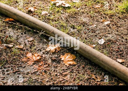 Leckage in der Verbindung der Rohre zum Pumpen von Wasser aus dem Teich. Ein Loch in einem Löschschlauch, aus dem Wasser unter Druck fließt. Stockfoto