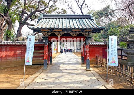 Eingangstor zum Ueno Toshogu-Schrein im Ueno Park, Tokio, der ein alter Shinto-Schrein mit dem Schrein aus Gold und vielen Bronzestattern ist. Stockfoto