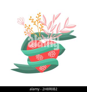 Festliches Herz mit Band und Blättern. Flacher Blumenstrauß für Grußkarten. Vektorgrafik Valentine Stock Vektor