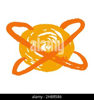 Planet. Symbol im Handzeichnen-Stil. Zeichnen mit Wachsmalstiften, farbiger Kreide, Kinderkreativität. Vektorgrafik. Schild, Symbol, Stift, Aufkleber Stock Vektor