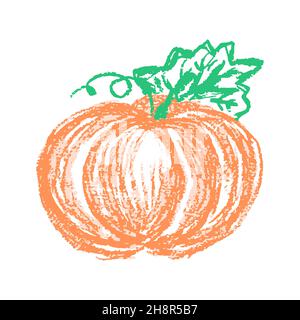 Kürbis. Symbol im Handzeichnen-Stil. Zeichnen mit Wachsmalstiften, farbiger Kreide, Kinderkreativität. Vektorgrafik. Schild, Symbol, Stift, Aufkleber Stock Vektor