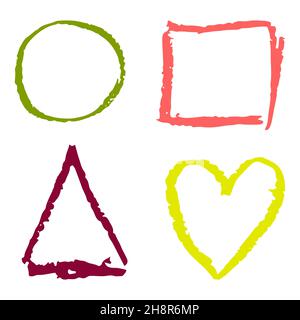 Symbol im Handzeichnen-Stil. Geometrische Formen. Zeichnen mit Wachsmalstiften, farbiger Kreide, Kinderkreativität. Vektorgrafik. Schild, Symbol, Stift, sti Stock Vektor