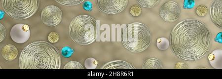 Goldene Weihnachtsstruktur. Kreise goldenes Türkis Muster. Abstrakt Gold Glitter Hintergrund für Weihnachten 2022 Neujahr, Luxus horizontale festliche Grenze. Vorlage für Kopfzeile. 3D Rendern Stockfoto