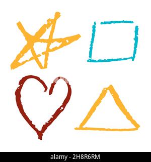 Symbol im Handzeichnen-Stil. Geometrische Formen. Zeichnen mit Wachsmalstiften, farbiger Kreide, Kinderkreativität. Vektorgrafik. Schild, Symbol, Stift Stock Vektor