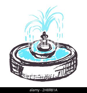 Brunnen. Symbol im Handzeichnen-Stil. Zeichnen mit Wachsmalstiften, farbiger Kreide, Kinderkreativität. Schild, Symbol, Stift, Aufkleber Stock Vektor