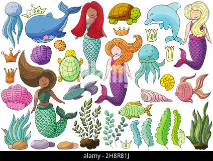 Große Reihe von Illustrationen zum Thema Meer. Meerjungfrauen und Meeresteile im Handzeichnen-Stil. Sammlung von Vektorgrafiken für Ihr Design. Zeichen, Stock Vektor