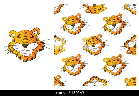Niedliches Set aus Element und nahtlosem Muster. Ideal für Kinderkleidung. Kopf des Tigers. Kann für Stoff, Geschenkpapier usw. verwendet werden Stock Vektor
