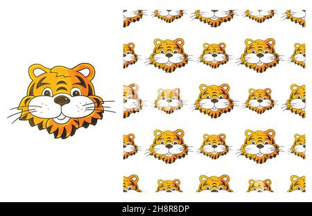 Niedliches Set aus Element und nahtlosem Muster. Kopf des Tigers. Ideal für Kinderkleidung. Kann für Stoff, Geschenkpapier usw. verwendet werden Stock Vektor