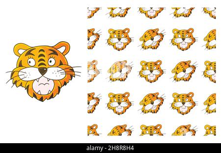 Niedliches Set aus Element und nahtlosem Muster. Kopf des Tigers. Ideal für Kinderkleidung. Kann für Stoff und etc. Verwendet werden Stock Vektor