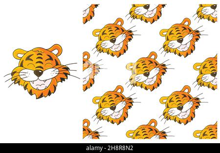 Niedliches Set aus Element und nahtlosem Muster. Kopf des Tigers. Ideal für Kinderkleidung. Kann für Stoff, Verpackung, Geschenkpapier und etc. Verwendet werden Stock Vektor