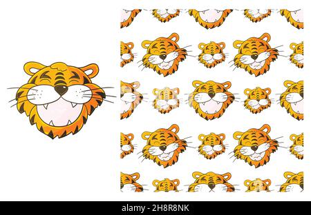 Kopf des Tigers. Niedliches Set aus Element und nahtlosem Muster. Ideal für Kinderkleidung. Kann für Stoff, Verpackung, Geschenkpapier und etc. Verwendet werden Stock Vektor