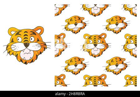 Niedliches Set aus Element und nahtlosem Muster. Kopf des Tigers. Ideal für Kinderkleidung. Kann für Stoff verwendet werden Stock Vektor