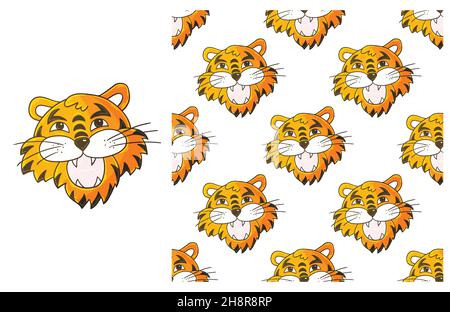 Niedliches Set aus Element und nahtlosem Muster. Kopf des Tigers. Ideal für Kinderkleidung. Kann für Stoff, Verpackung und etc. Verwendet werden Stock Vektor