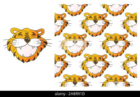 Niedliches Set aus Element und nahtlosem Muster. Kopf des Tigers. Ideal für Kinderkleidung Stock Vektor