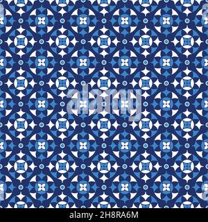 Nahtlose blaue Damast-Tapete mit geometrischem Blumenmuster. Vektorformat. Stock Vektor