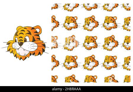 Kopf des Tigers. Niedliches Set aus Element und nahtlosem Muster. Ideal für Kinderkleidung. Kann für Stoff, Geschenkpapier usw. verwendet werden Stock Vektor