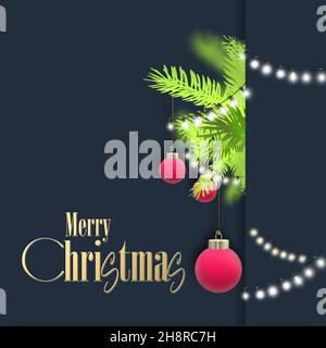 Kreativ schön abstrakt Weihnachten 2022 Neujahrsfest Corporate Card mit Weihnachtstanne Zweige, hängend rosa 3D Weihnachtskugeln über schwarz. Text mit Weihnachtswünschen. 3D Rendern Stockfoto